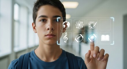 Young boy touching virtual screen displaying subject icons. Student interacting with futuristic educational interface for learning future.