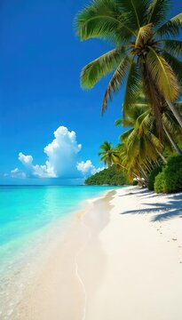 A pristine, deserted island beach with turquoise water lapping the shore, palm trees swaying gently in the breeze, and soft white sand; the ultimate tropical paradise escape , hot, calm