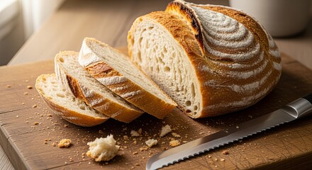 Freshly baked bread sourdough loaf slices knife on wooden cutting board food photography delicious crusty 100