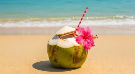 A coconut drink with a straw and a pink hibiscus flower on a sandy beach with ocean waves behind it
