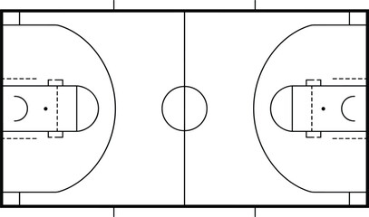Black and white line drawing of a basketball court from above sports game