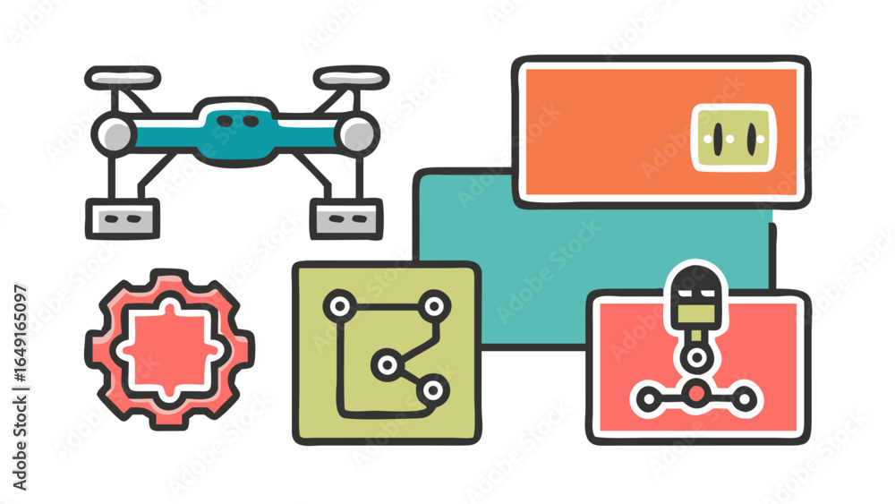 Poster aerial vehicle and components arranged with a gear and circuit boards in a colorful design layout