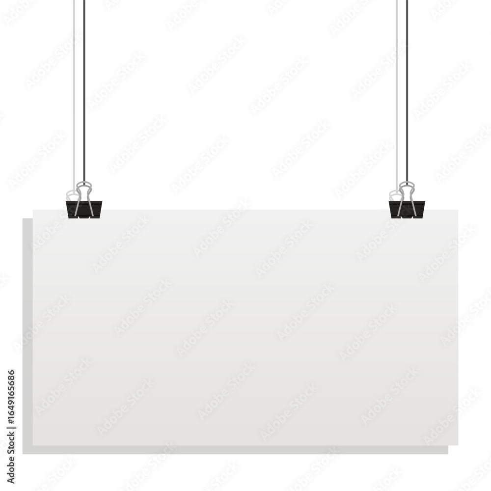 Poster blank white paper sheet hanging from strings with binder clips ready for text or graphics.