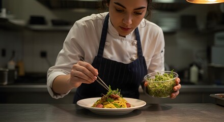 Chef arranging microgreens with tweezers on a plated dish