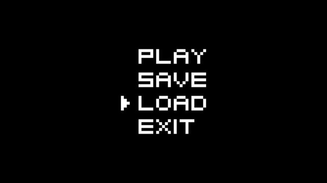 8-bit pixel art game style menu option text on black background. looped animation 4k 30fps