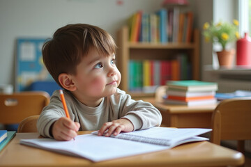 Kids go back to school. Children study and learn for preschool. Little boy of elementary class doing homework. Kid learning to read and write. AI