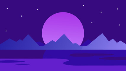 Obraz premium Vibrant purple sunset over tranquil water and silhouetted mountains