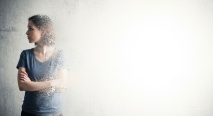 Female dissolving effect: young caucasian woman fading into mist on light background