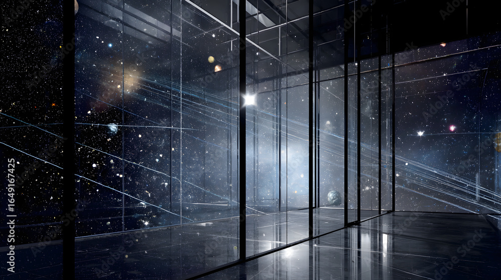 Poster cosmic view through modern architecture: a stunning perspective of the cosmos is framed by sleek, mi