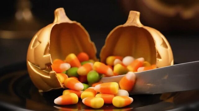 Luxurious golden chocolate dome shaped like a pumpkin splits to show candy corn treasures hidden inside for a decadent reveal