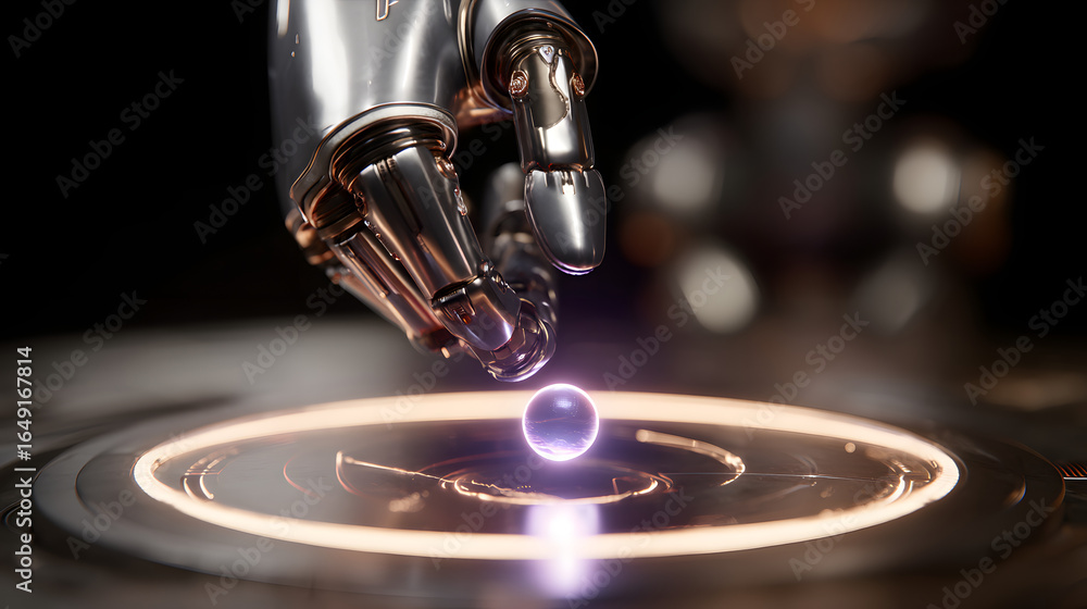 Poster futuristic robotic hand: in a stunning display of innovation, a robotic hand delicately interacts wi