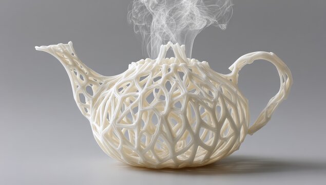 White, intricate 3D-printed teapot, steam rising