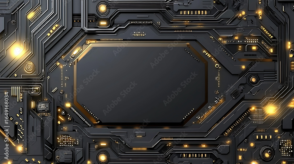 Aufkleber a black and gold computer chip with a large empty space in the middle