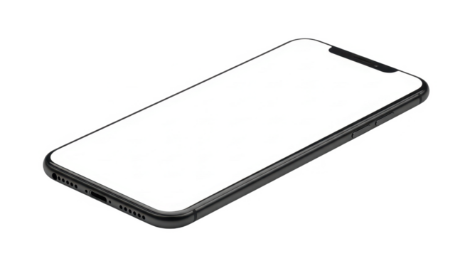 A modern, sleek smartphone with a blank white screen, presented at an angle on a clean white background, ready for customization or display.
