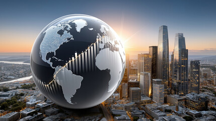 Stunning view of globe with financial graph overlay, set against modern city skyline at sunset, symbolizing global business growth
