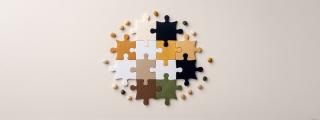 Colorful Puzzle Pieces Arranged on a Neutral Background Surface