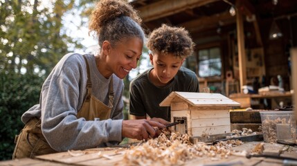 Mother and son work together to build a wooden birdhouse in a sunny workshop surrounded by nature