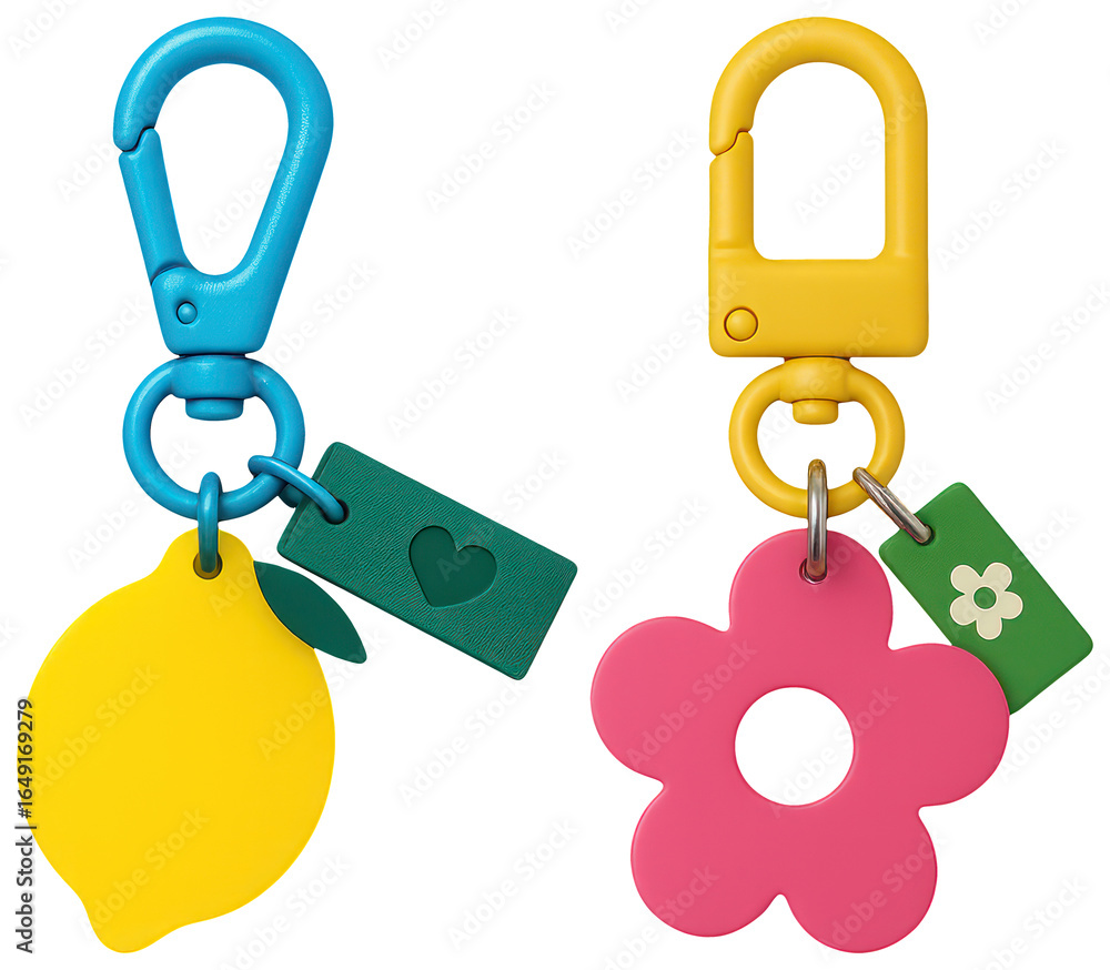 Poster png colorful keychains with playful designs, element set on transparent background