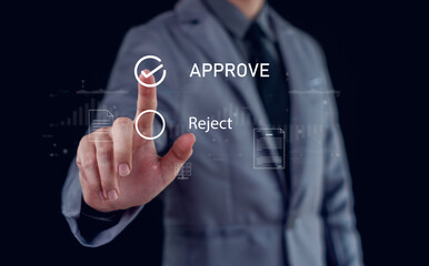 Approved, accept, pass inspection, Businessman writing or tick correct mark to approve document and...