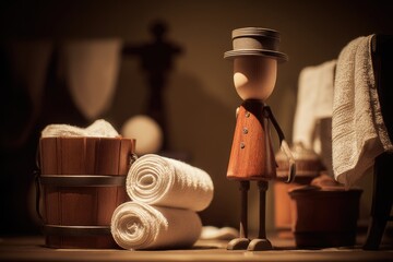 Wooden figurine in a dimly lit, historical-style spa setting