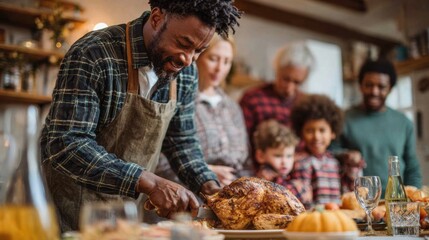 Obraz premium Family gathers for Thanksgiving dinner as man carves a turkey in warm, festive kitchen setting filled with smiles and delicious food