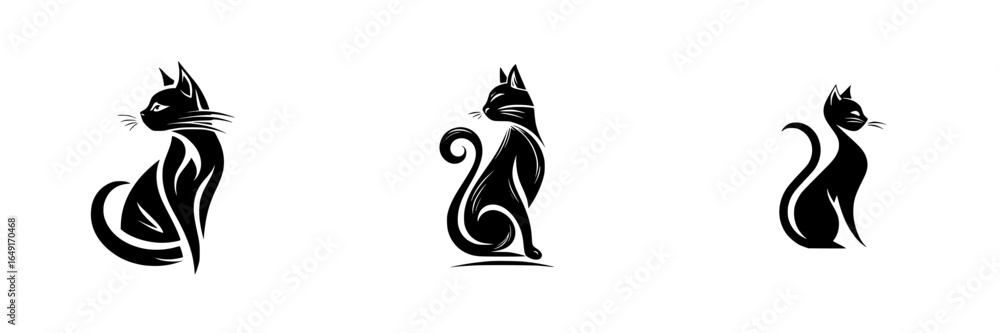 Poster elegant design of three different stylized cats showcasing unique postures and features in black and