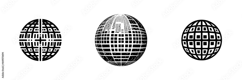 Poster abstract globe designs in black and white showcasing different geometric patterns and lines