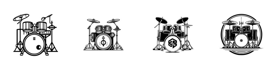 Drum sets in various styles showcased in a minimalistic black and white design for music enthusiasts and artists