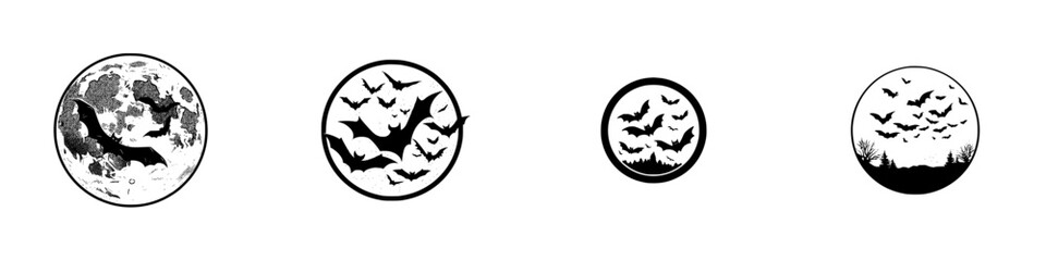 Bats flying by the full moon in a detailed black and white illustration capturing an eerie nighttime atmosphere