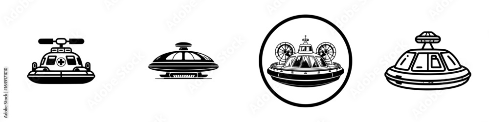 Poster Various designs of flying saucers with unique structures and features presented against a simple background