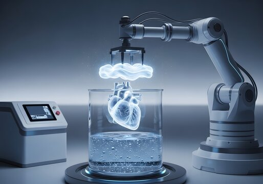 A futuristic robotic arm in a laboratory is 3D printing or developing a human heart in a glass container, symbolizing medical innovation - Powered by Adobe