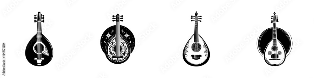Poster different styles of traditional string instruments displayed in a minimalist design showcasing their