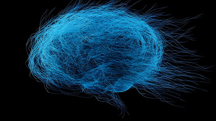 A blue brain with blue hair and blue hair strands