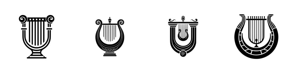 Obraz premium Various designs of lyres showcasing traditional musical instruments in a minimalist, artistic style