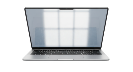 A modern silver laptop with an open screen displaying a blurred reflection of a window with multiple panes, set against a clean white background.
