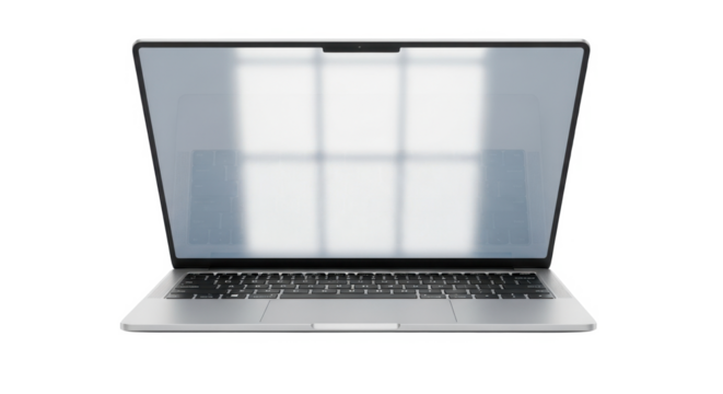 A modern silver laptop with an open screen displaying a blurred reflection of a window with multiple panes, set against a clean white background.