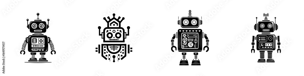 Poster classic robot designs showcasing unique features in a black and white style with retro aesthetics du