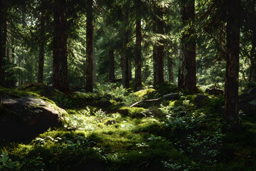 Obraz premium Tranquil Forest Scene with Sunlight Filtering Through Leaves, Creating a Dance of Dappled Light on the Forest Floor in a Serene Woodland Setting