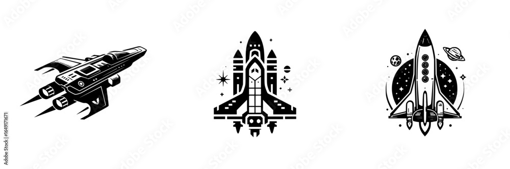 Poster spaceship designs showcasing futuristic travel concepts from different angles in a minimalist style