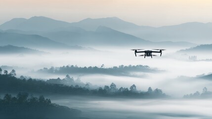 Drone flies above a misty forest layered with mountains in hazy distance
