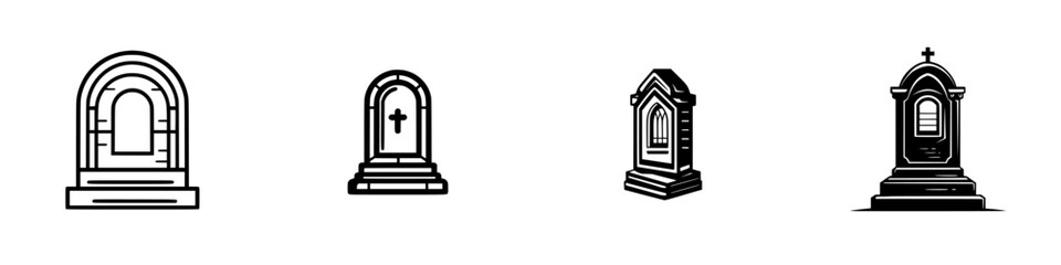 Fototapeta premium Different styles of gravestones arranged in a row showcasing various designs and shapes in a stark black and white format