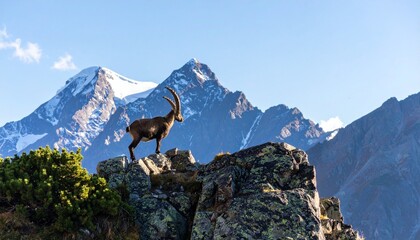 Alpine ibex standing on rocky ledge with snowy peaks evokes strength, wilderness, and mountain majesty