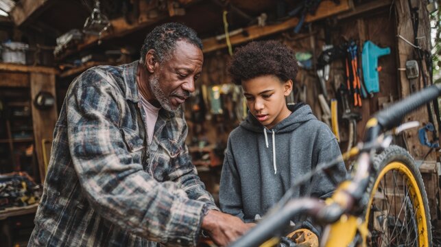Elderly man teaches young boy bike repair skills in rural workshop during afternoon
