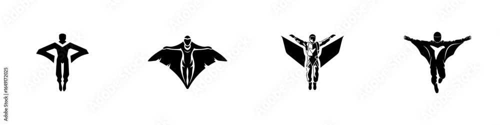Poster graphic representation of stylized flying figures in various poses showcasing dynamic movement and s