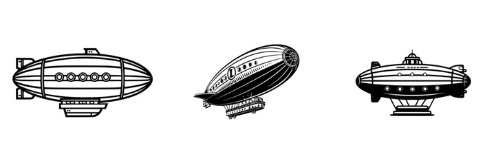 Vintage zeppelins designed with elegant lines and detailed patterns showcase aviation history and design trends in a monochromatic style