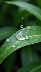 A close up of water droplets on a green leaf.