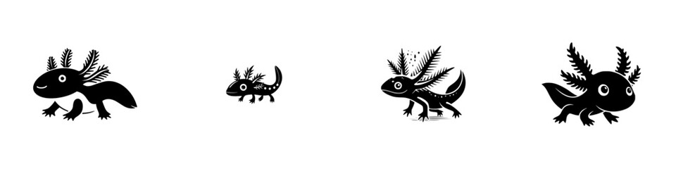 Illustration of axolotls showcasing different stages of growth with whimsical features in black and white style