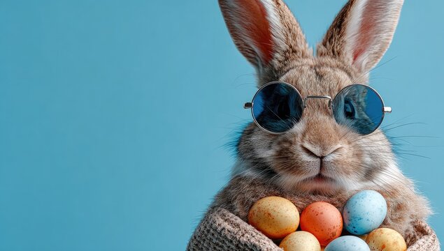 Easter bunny with sunglasses, holding eggs
