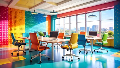 Colorful office space with vibrant furnishings.