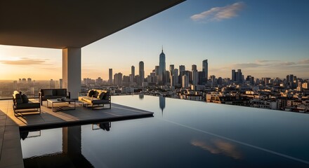 Fototapeta premium Infinity pool overlooking city skyline at sunset with outdoor seating and clear sky in the background